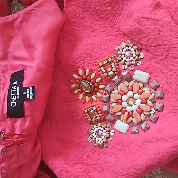 Chetta B Sunhee Jacquard Beaded Shrimp Coral Pink Fitted Sheath Dress  Size  8 - Picture 2 of 4